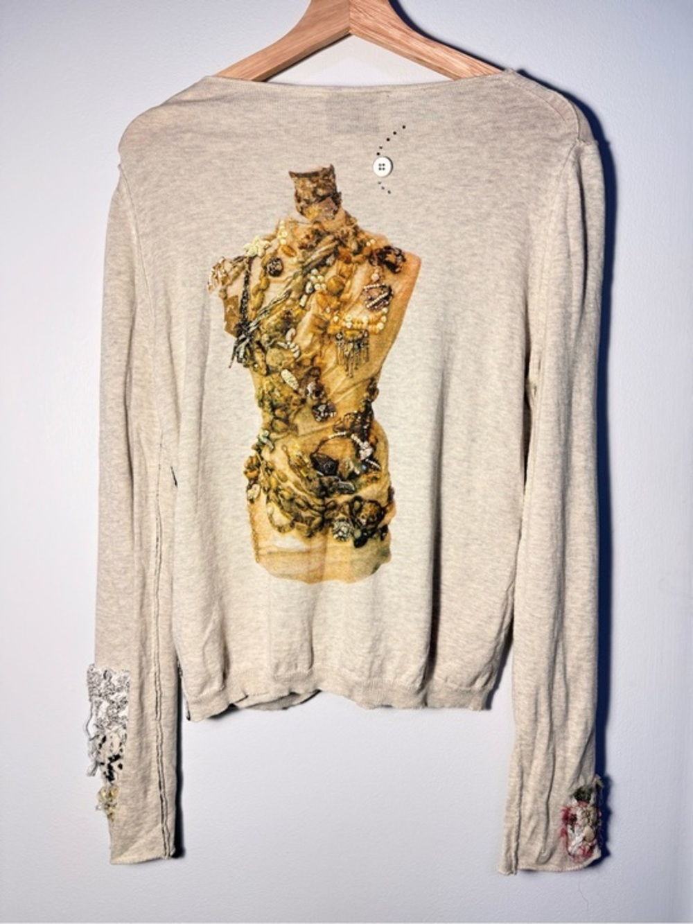 Elisa Cavaletti Beige Embellished Knit Cardigan with Artistic Back Print size M